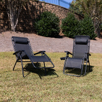 Flash Furniture 2-GM-103122SS-BK-GG Adjustable Folding Mesh Zero Gravity Reclining Lounge Chair with Pillow and Cup Holder Tray in Black, Set of 2